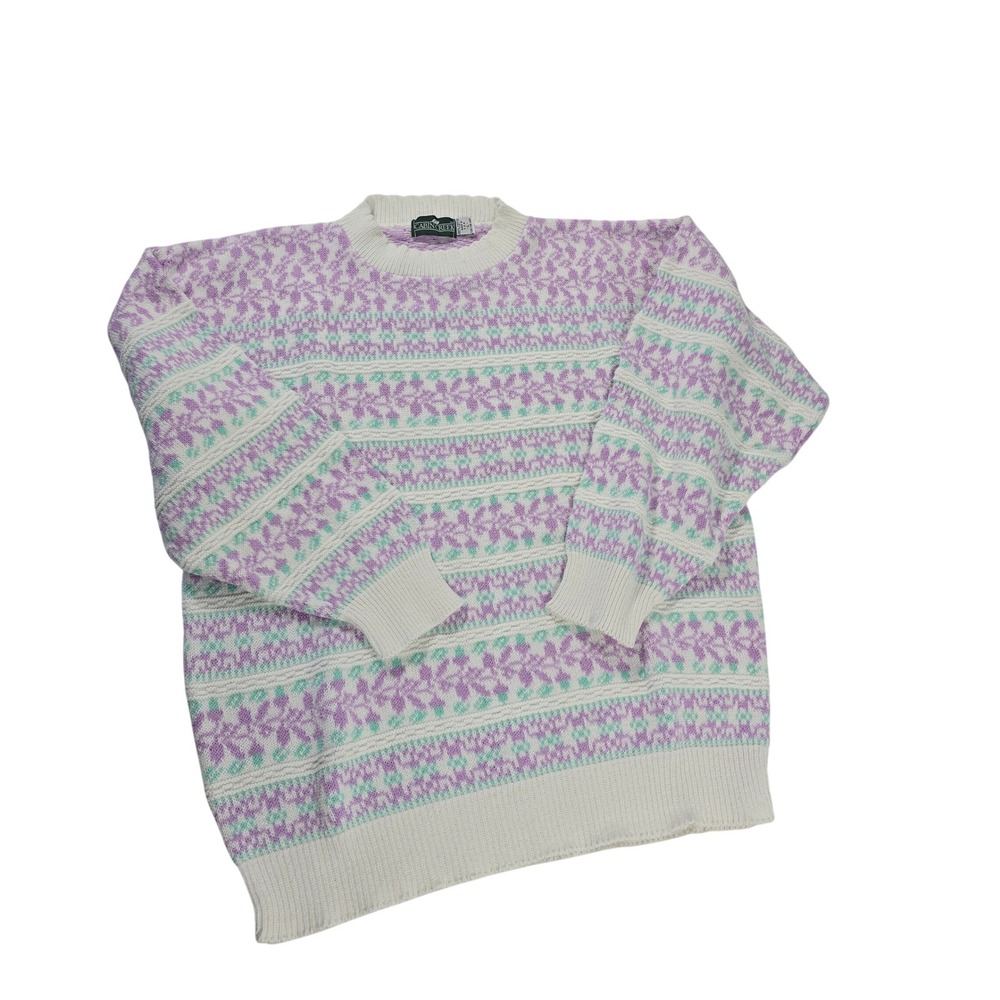 Vintage Cabin Creek Sweater Women Large Purple Green Floral Cotton Knit USA Made